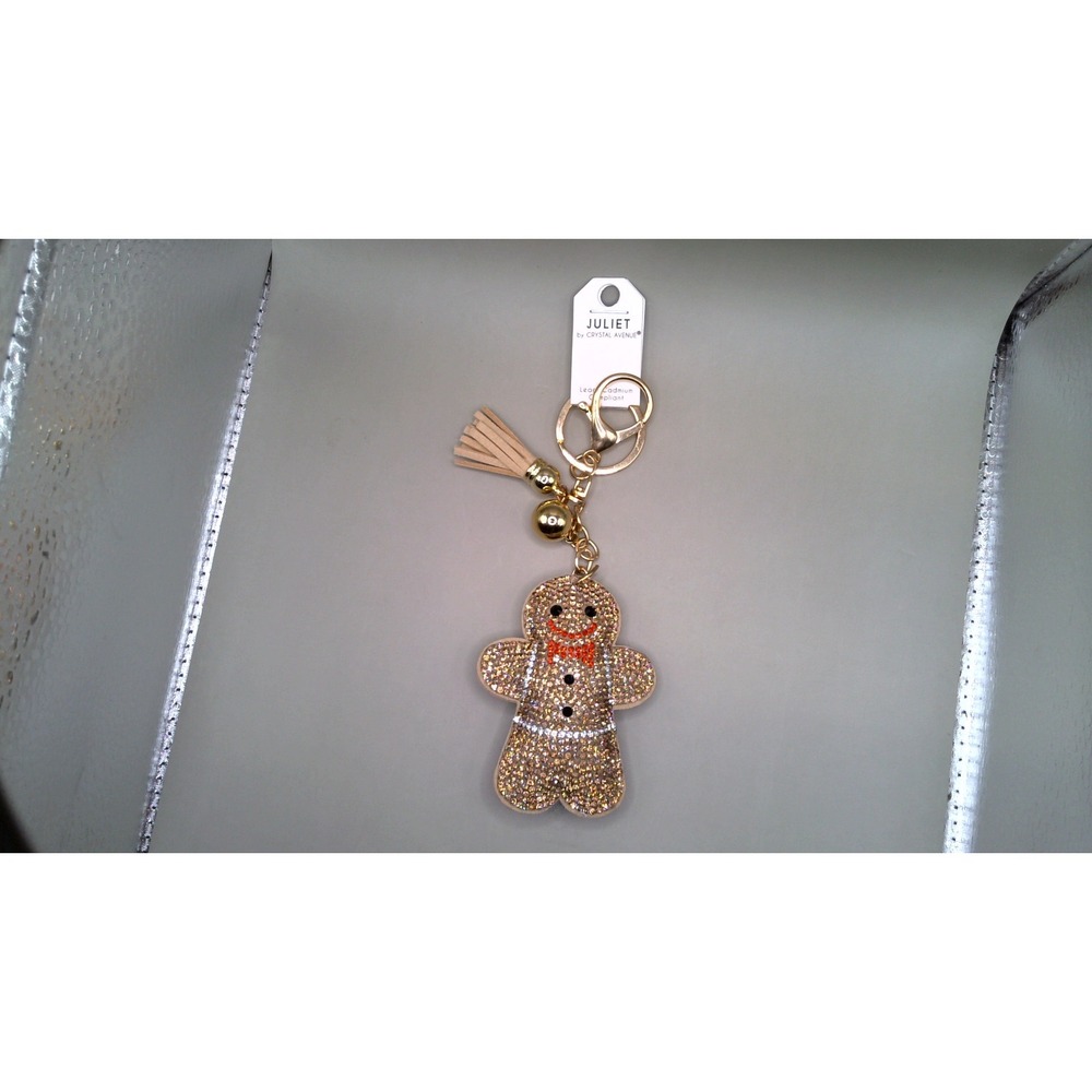 Juliet by Crystal Avenue Gingerbread Man Rhinestone Keychain Tassel Gold Tone